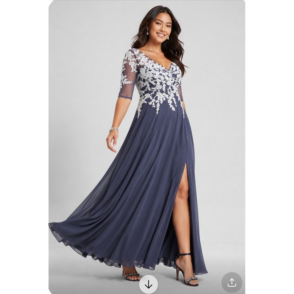 JJ's House Stormy Blue Lace Chiffon Formal Gown Dress US 12 Wedding Occasion NEW